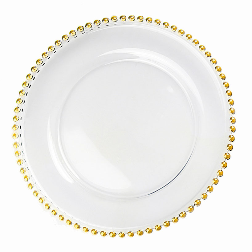 Wedding Dinnerware Set Decoration - 13" Gold Clear Dinner Glass Round Charger Plates with Beaded Rim