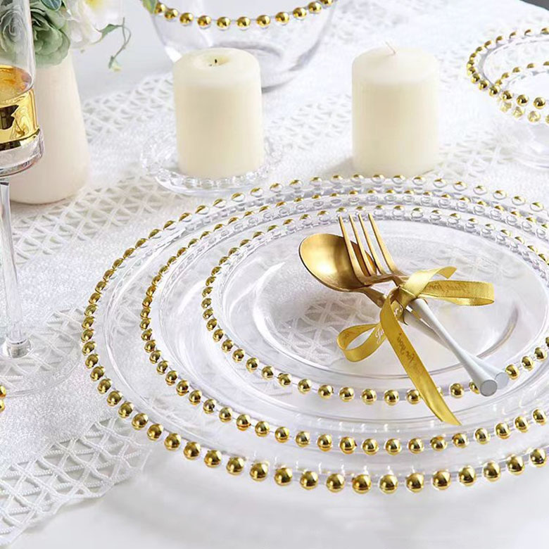 Wedding Dinnerware Set Decoration - 13" Gold Clear Dinner Glass Round Charger Plates with Beaded Rim