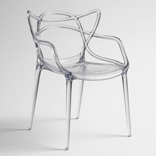 Stylish transparent acrylic cat ear chair with curved arms and backrest, angled side view for event seating