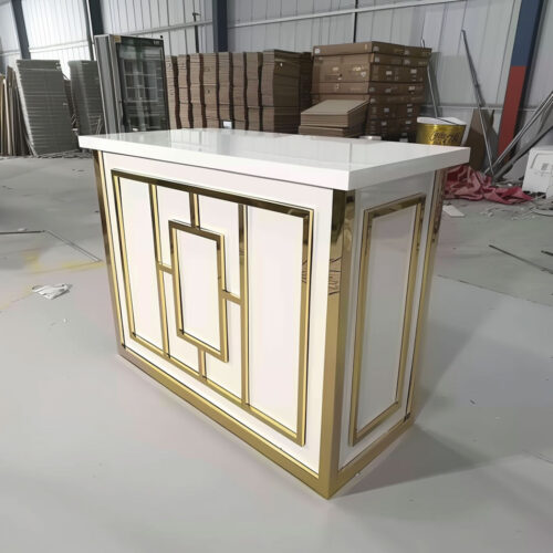 Gold frame luxury bar table with LED lights, designed for high-end events and wedding receptions. Black acrylic top for a sleek modern look.