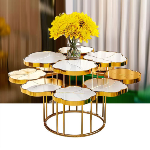 Luxurious gold stainless steel 3-tier coffee table with flower shape, perfect for displaying desserts and cakes at parties and events