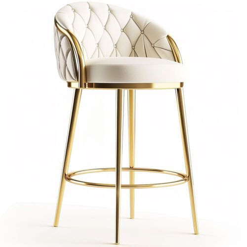 High Back Gold and White Bar Stool with Modern Round Cushion for Upscale Spaces