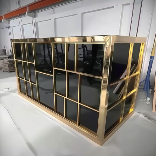 Luxury bar table with gold frame for events, featuring black acrylic surface and LED lighting, perfect for weddings, parties, and banquets.