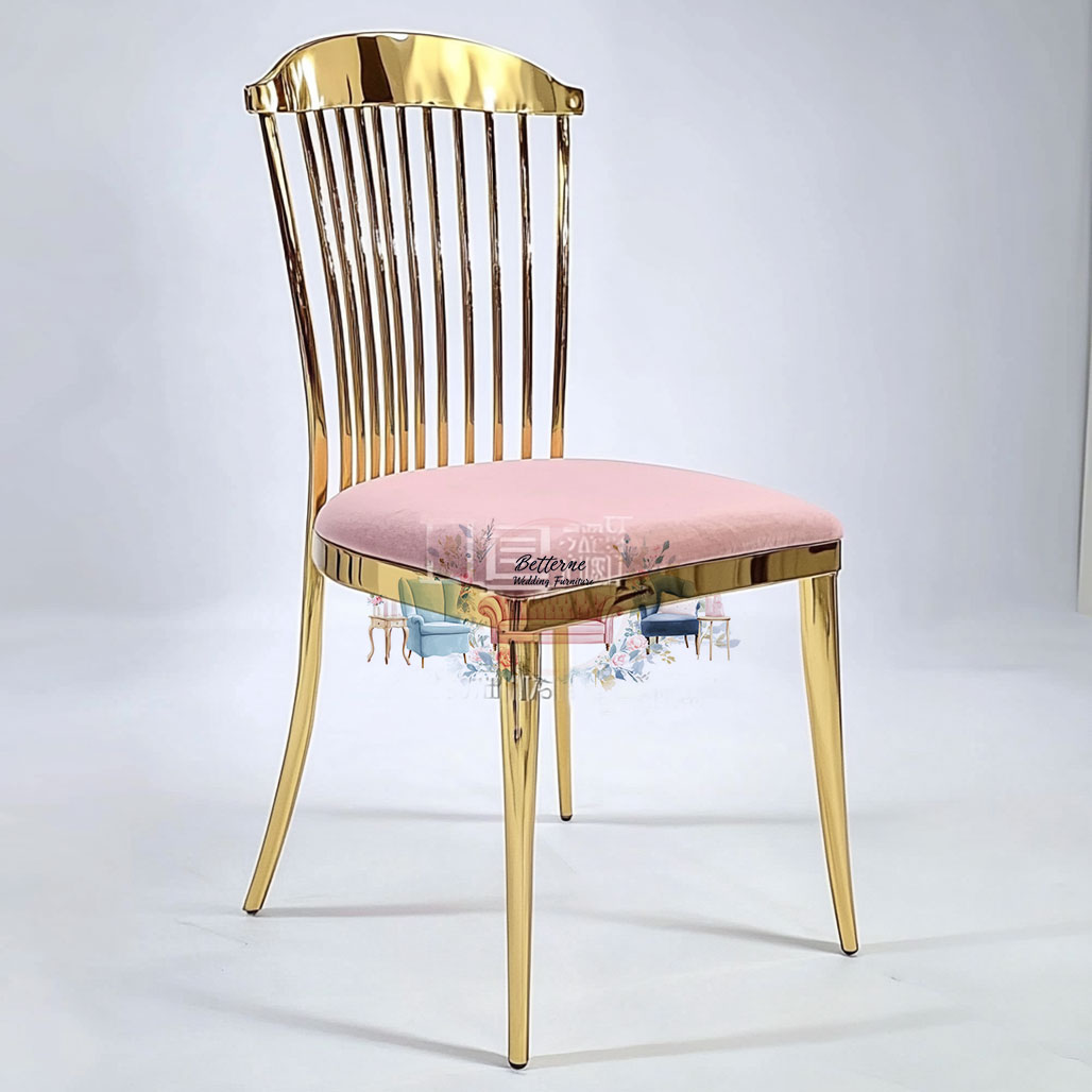 Stainless steel gold wedding chair with vertical stripes backrest and colorful seat cushion