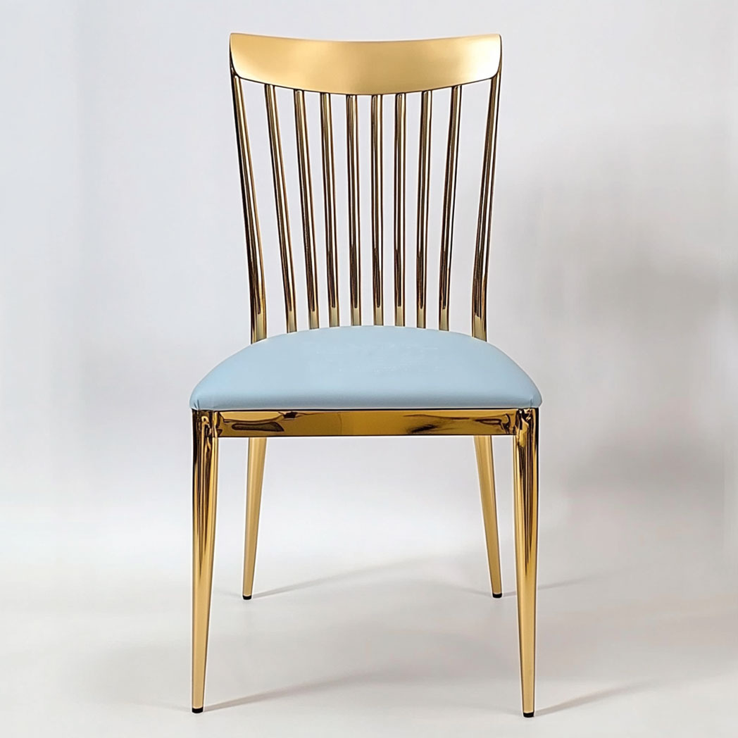 Stainless steel gold wedding chair with vertical stripes backrest and colorful seat cushion