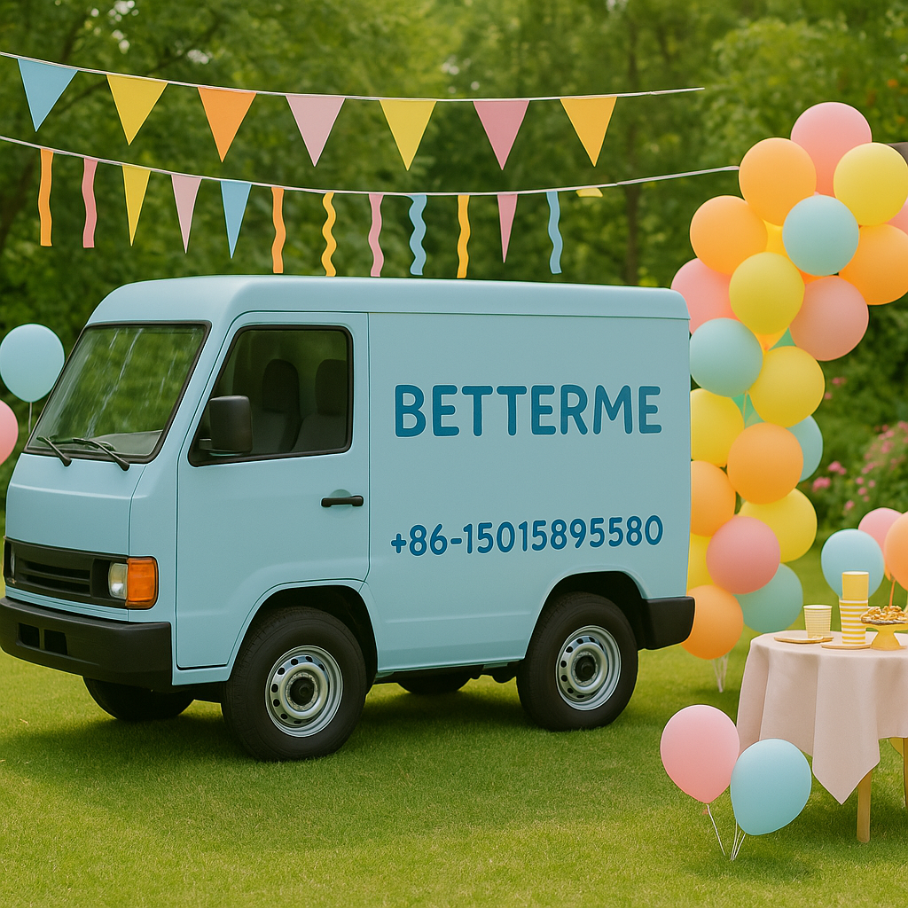 White delivery truck with "BETTERME" branding and contact number parked in a garden setting, ready for kids' party furniture delivery.