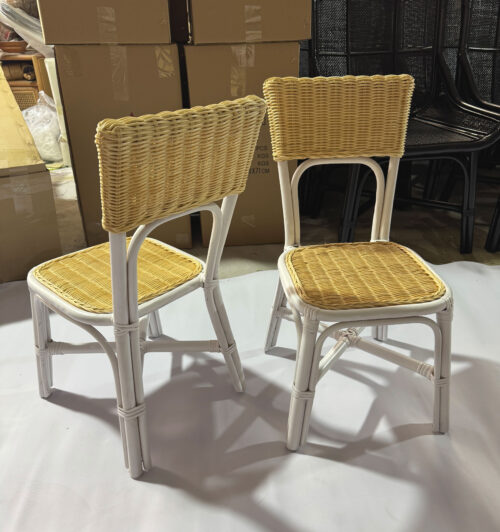 Back view of stackable kids chair with colorful rattan design