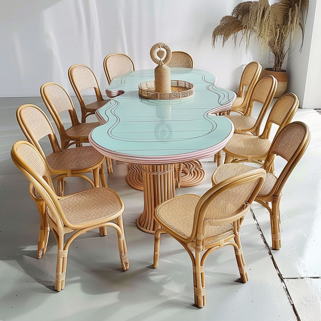 Close-up of pastel blue tabletop with white wavy lines and natural rattan trim
