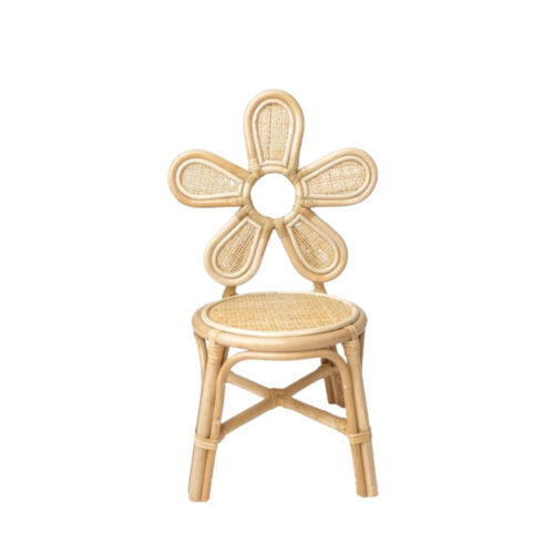 Front angle of stackable daisy-shaped kids chair in custom colors