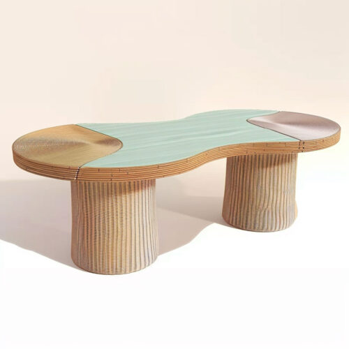 Front angle of pastel blue long rattan dining table with playful wavy design