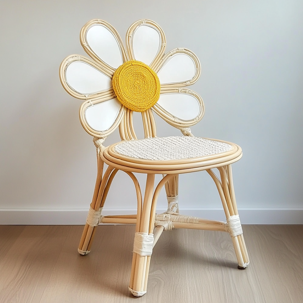 Custom stackable kids daisy chair with colorful Indonesian rattan flower back and wooden legs
