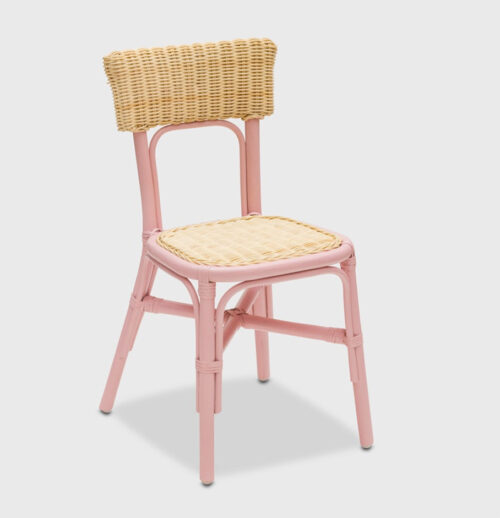 Front view of stackable custom rattan kids chair with solid wood legs