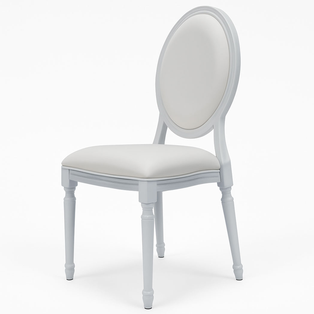 Left-Angled View of White Oval Back Aluminum Chair with Upholstered Backrest