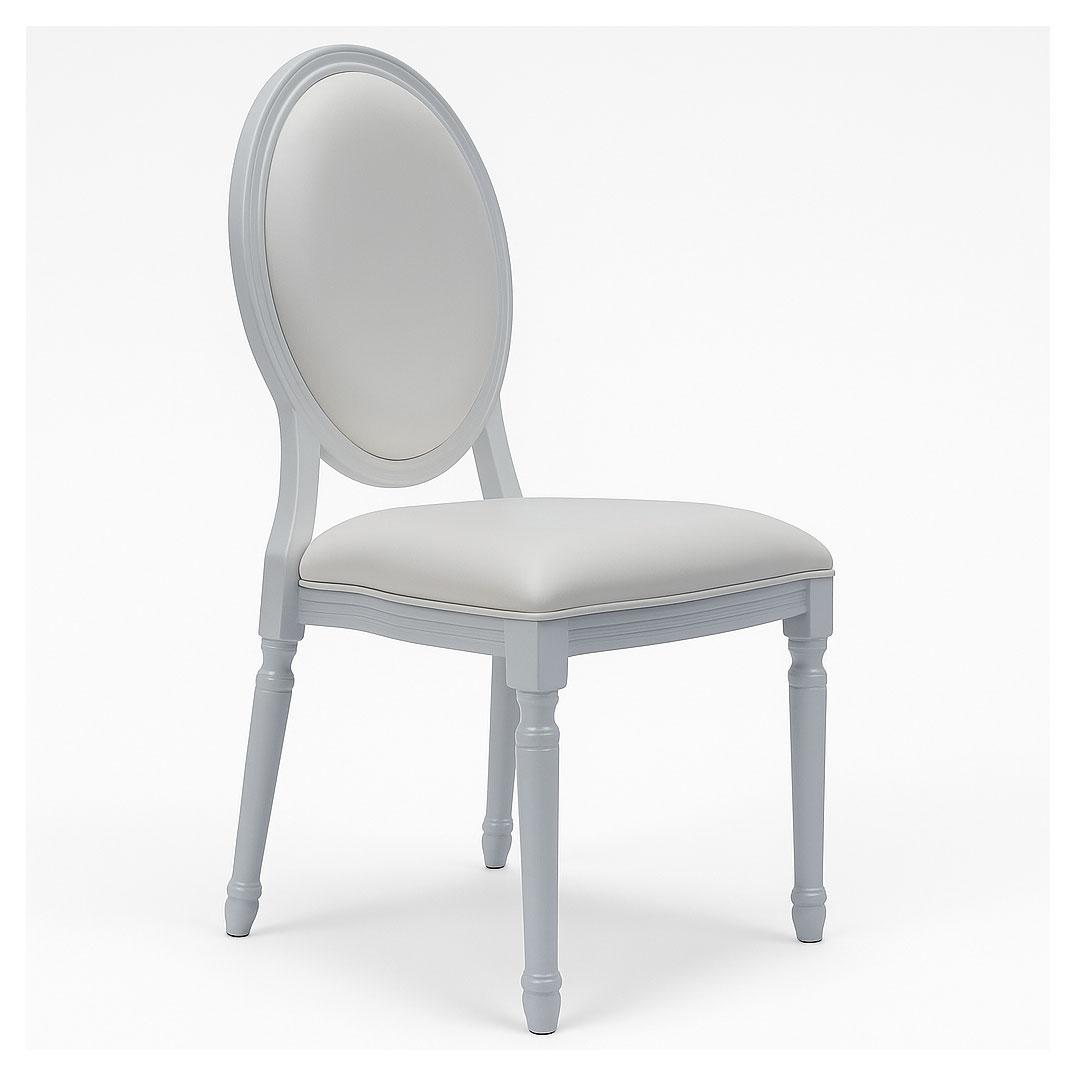 right-Angled View of White Oval Back Aluminum Chair with Upholstered Backrest