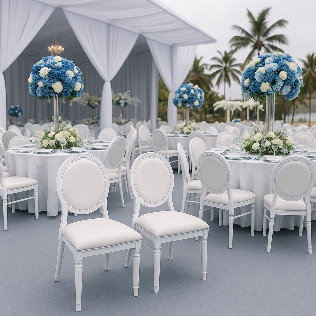 White Oval Back Aluminum Banquet Chairs at Outdoor Wedding Reception
