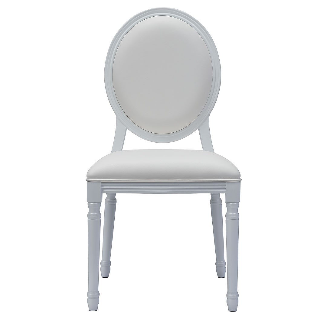 White Oval Back Aluminum Banquet Chair – Front View with Upholstered Seat and Backrest