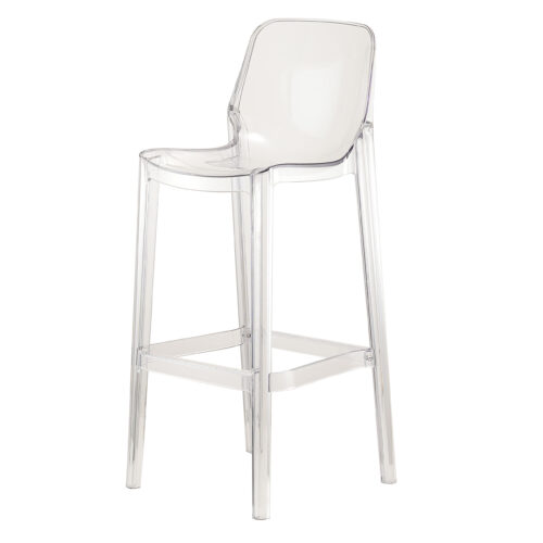Clear acrylic Nordic-style bar stool with minimalist high back design, perfect for modern events, weddings, and bar lounge settings