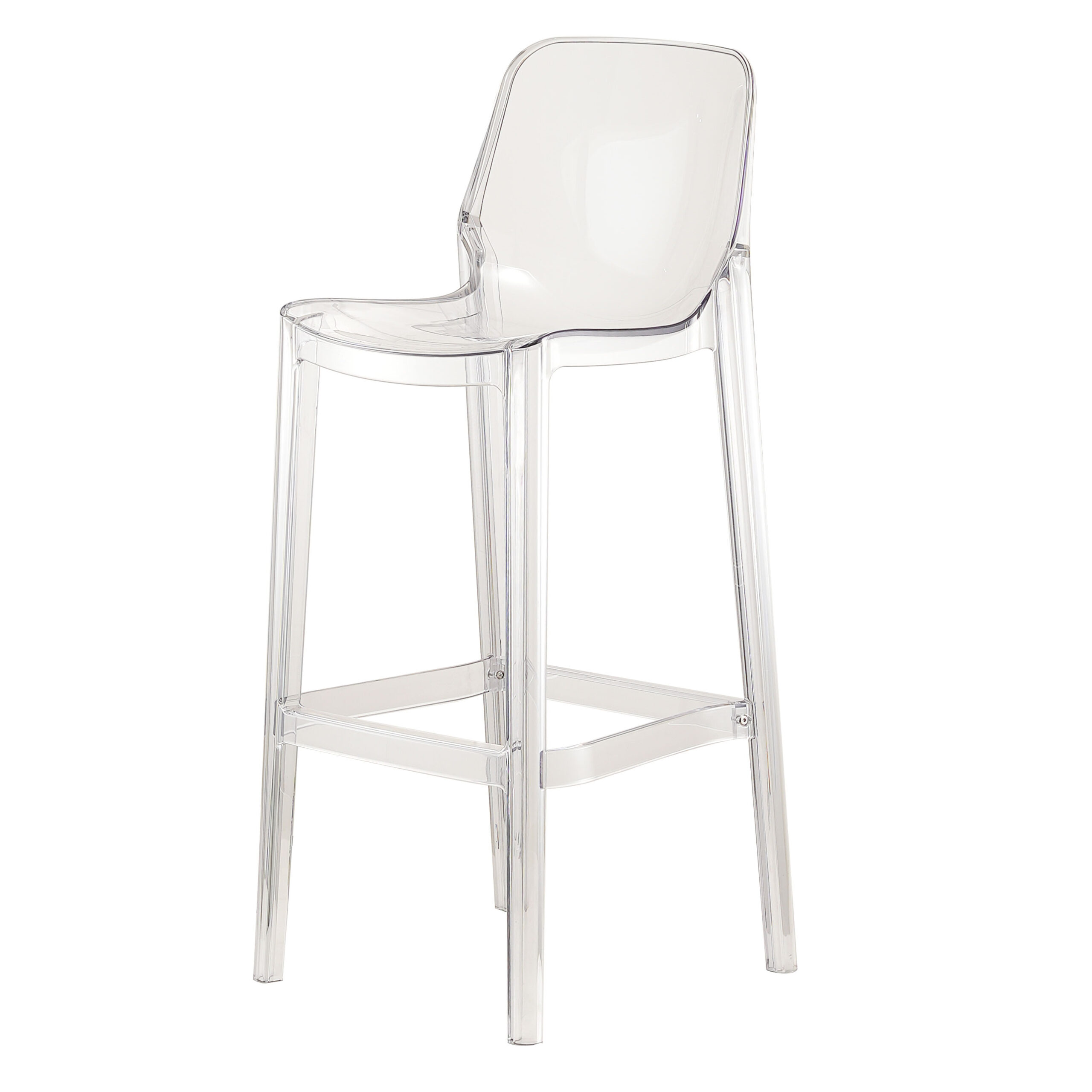 Clear acrylic Nordic-style bar stool with minimalist high back design, perfect for modern events, weddings, and bar lounge settings