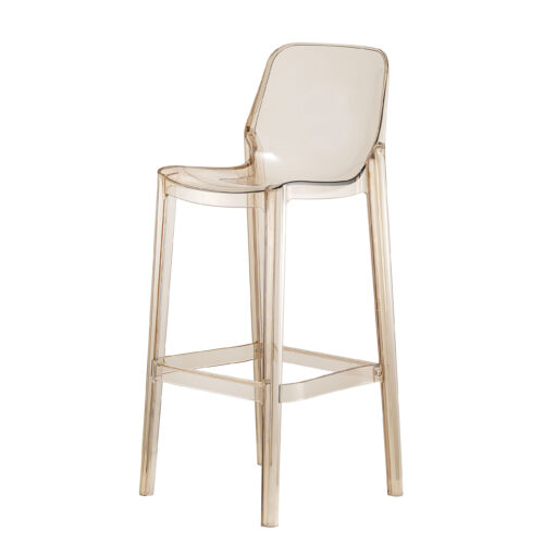 Clear champagne-colored Nordic-style transparent acrylic bar stool with backrest and footrest, ideal for weddings, events, and modern interiors