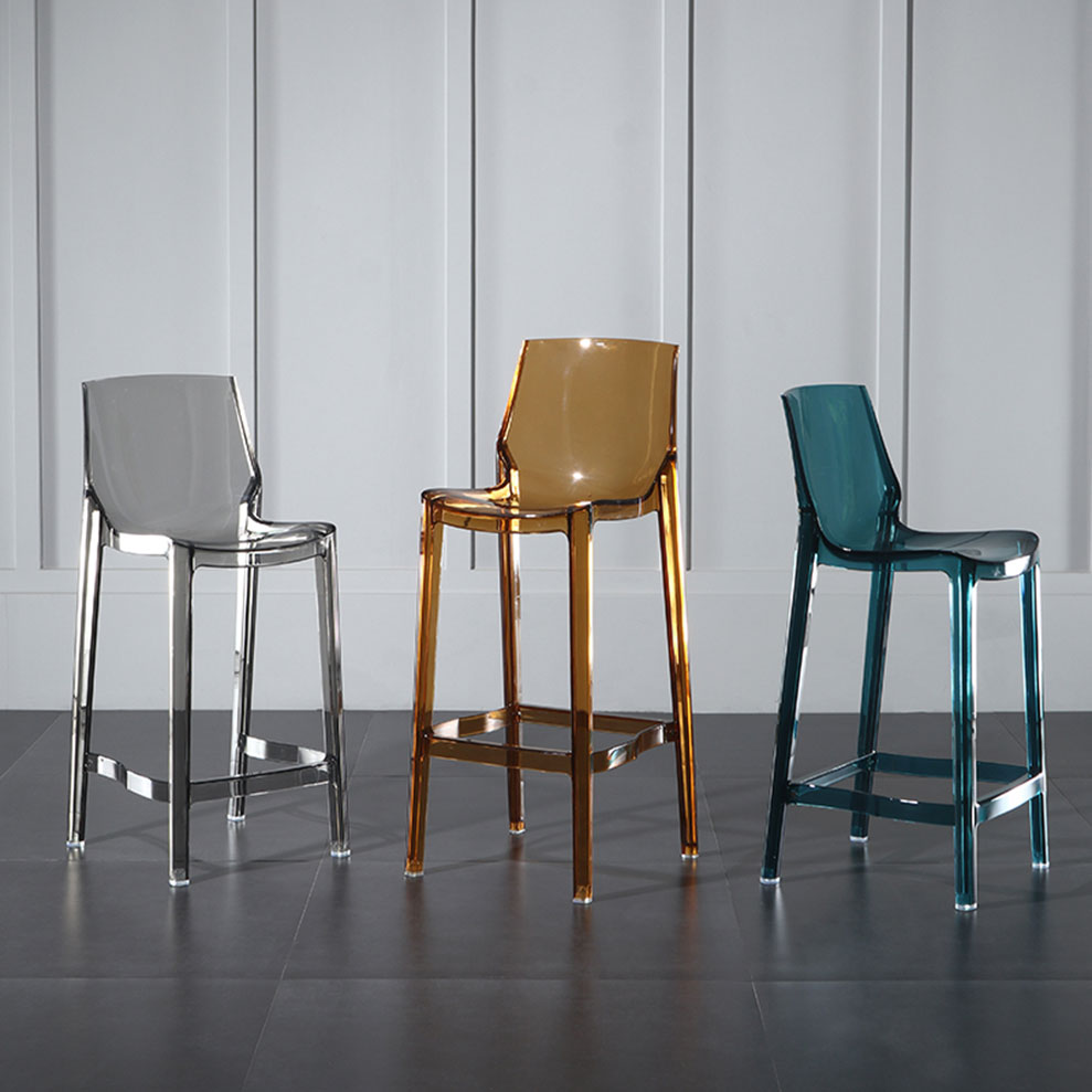 Set of three Nordic-style transparent bar stools in smoke gray, amber orange, and teal, ideal for modern weddings, cocktail bars, and event lounges