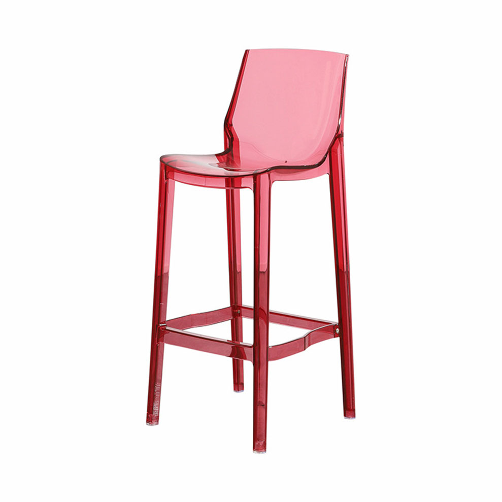 Pink transparent acrylic bar stool with Nordic-style design, featuring a curved seat and backrest for weddings and modern events