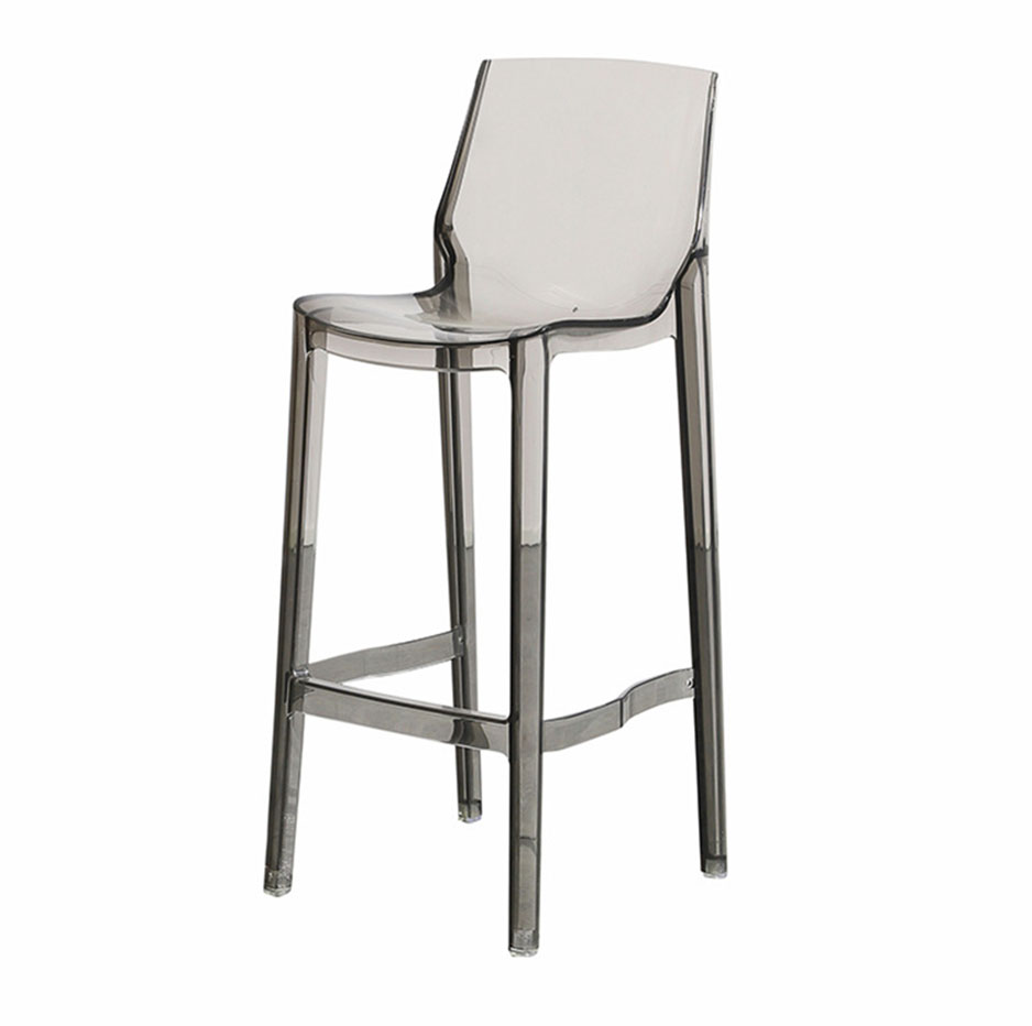 Smoke gray transparent acrylic bar stool with Nordic-style design, high seat and curved backrest for weddings, bars, and event spaces