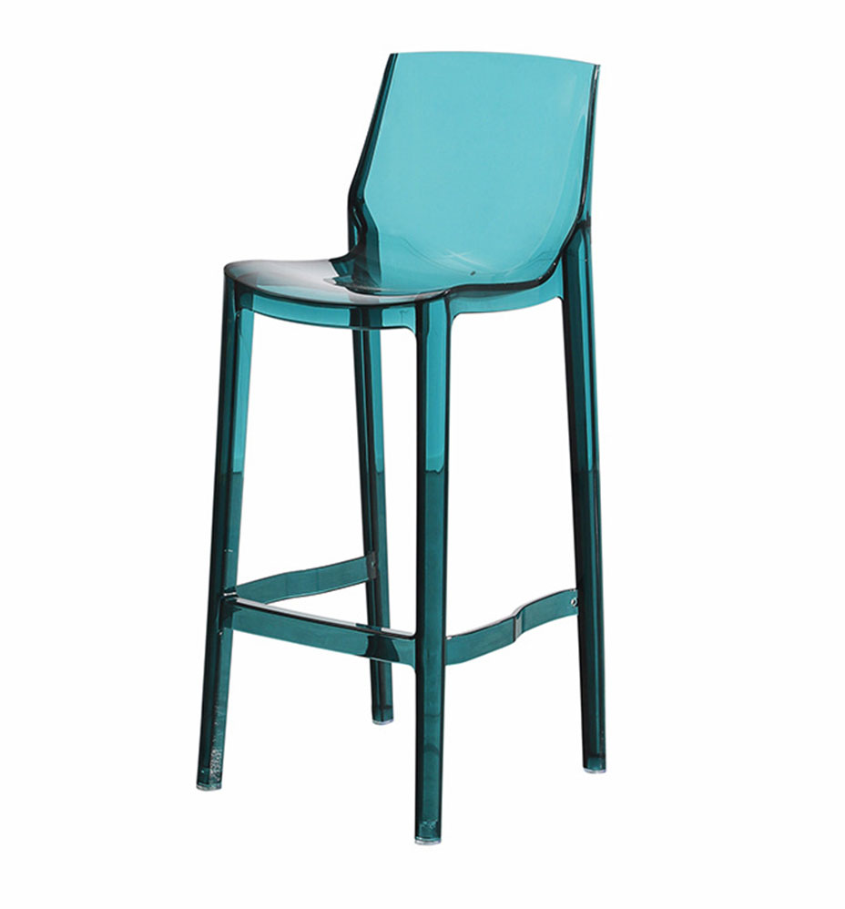Teal transparent Nordic-style acrylic bar stool with curved seat and backrest, ideal for modern bar areas, wedding lounges, and event spaces