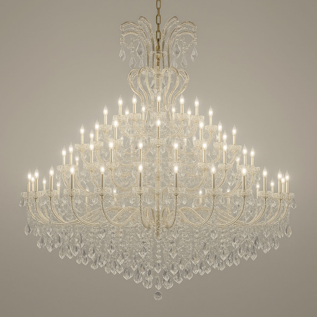 Elegant 4-tier crystal Empire chandelier with silver frame and candle-style LED lights, featuring cascading K9 crystal pendants