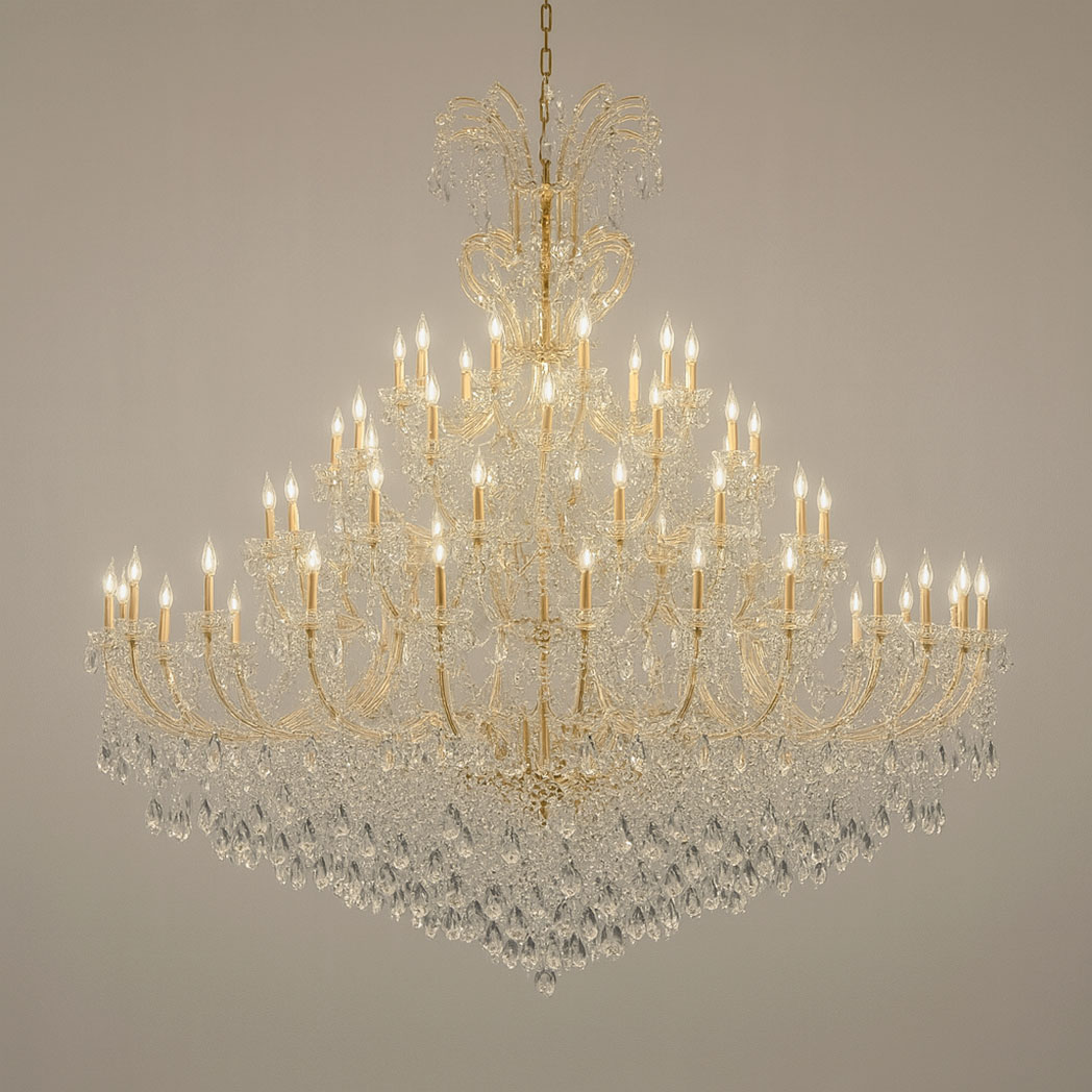 Grand 4-tier crystal chandelier with gold frame and teardrop K9 crystals, 2 meters wide and 2.5 meters tall