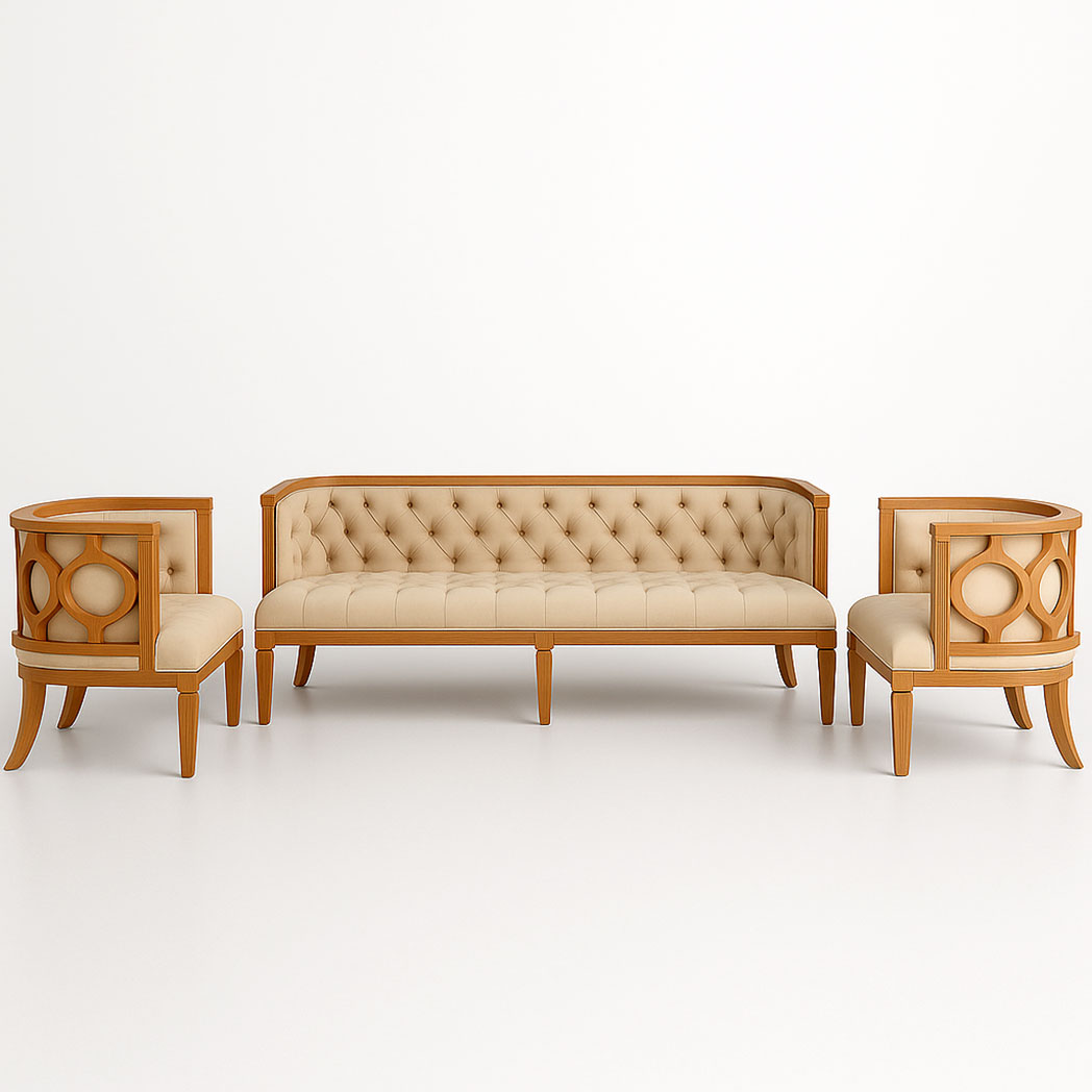 Elegant Tufted Lounge Sofa Set – Customizable Barrel-Back Seating with Carved Wood Frame for Weddings & Events
