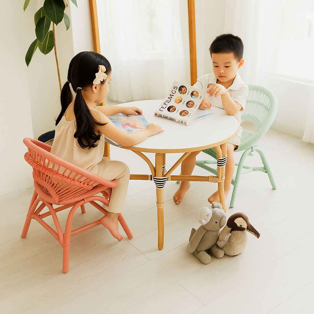 Two children sitting on pastel sunburst rattan chairs reading books at a round table in a bright playroom setting