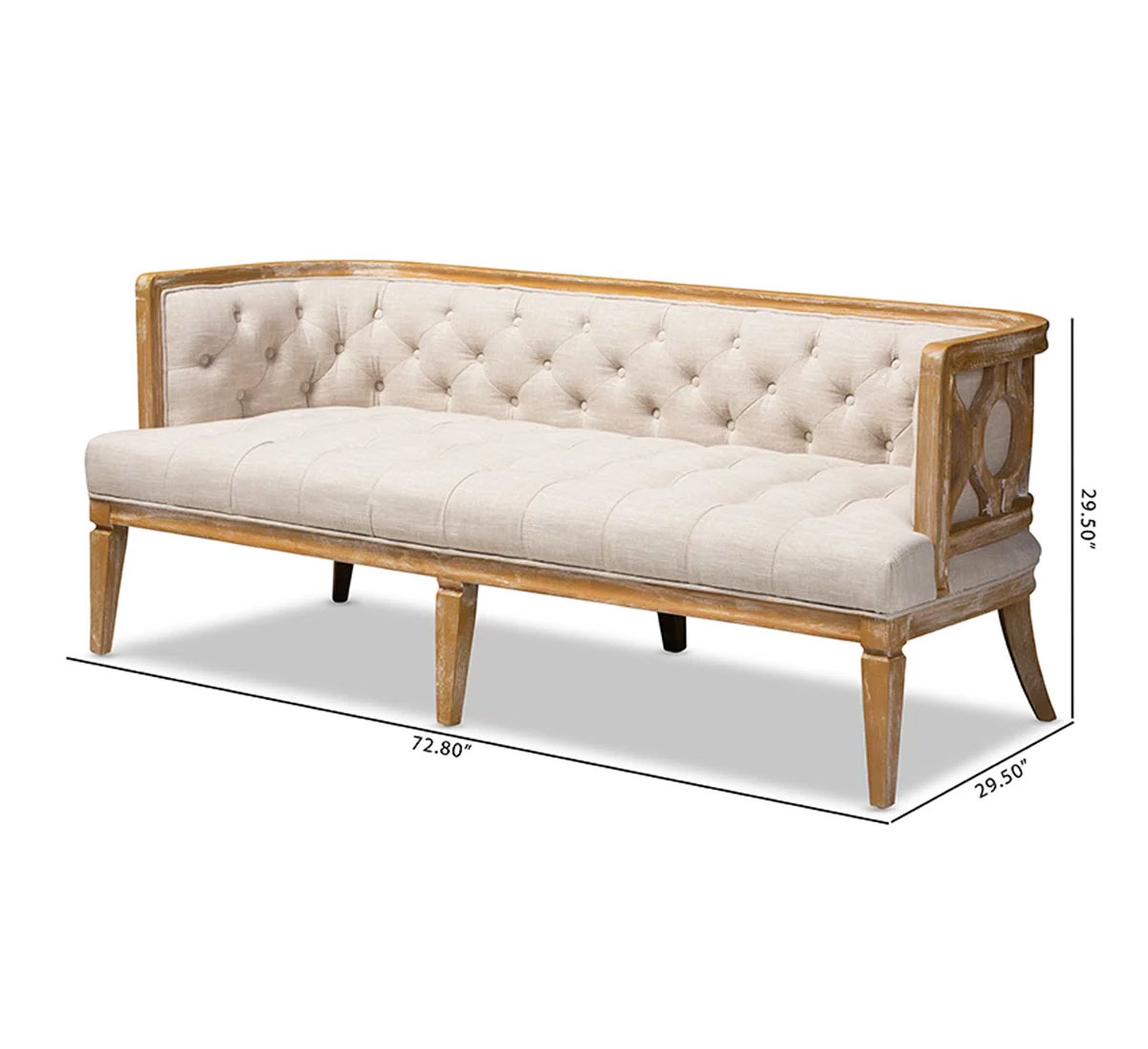 Tufted 3-seater lounge sofa with carved wood frame showing dimensions of 72.8" length and 29.5" height and depth