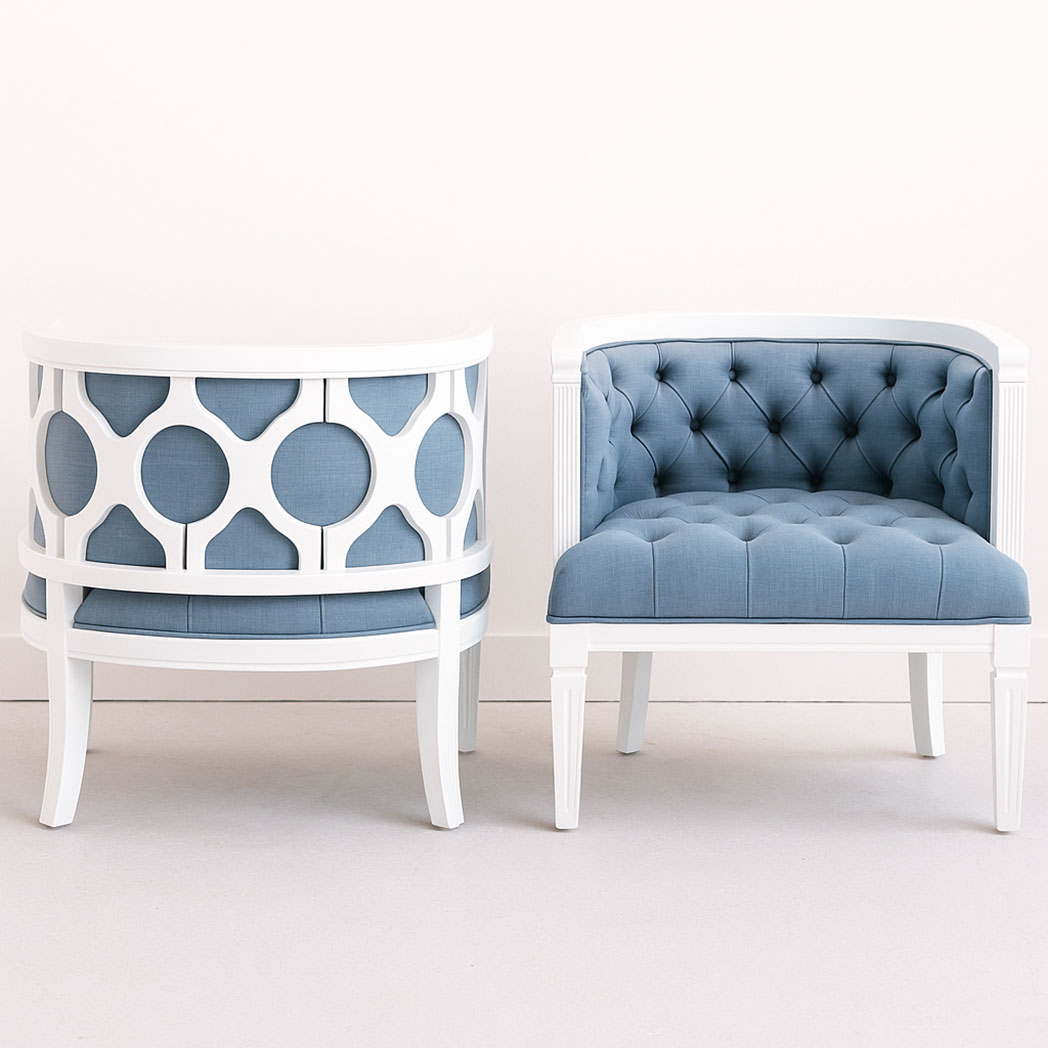Front and back views of a luxury barrel-back lounge chair featuring tufted blue fabric upholstery and a glossy white carved wood frame – ideal for weddings, lounges, or upscale events.