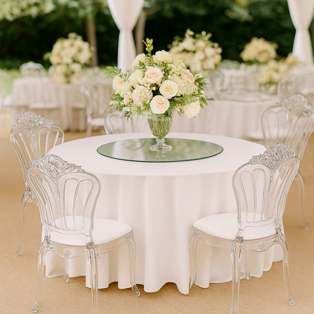 Elegant Clear Acrylic Baroque Chairs at Wedding Round Table Setup Clear Baroque-style acrylic chairs arranged around a round banquet table with floral centerpiece at an outdoor wedding reception