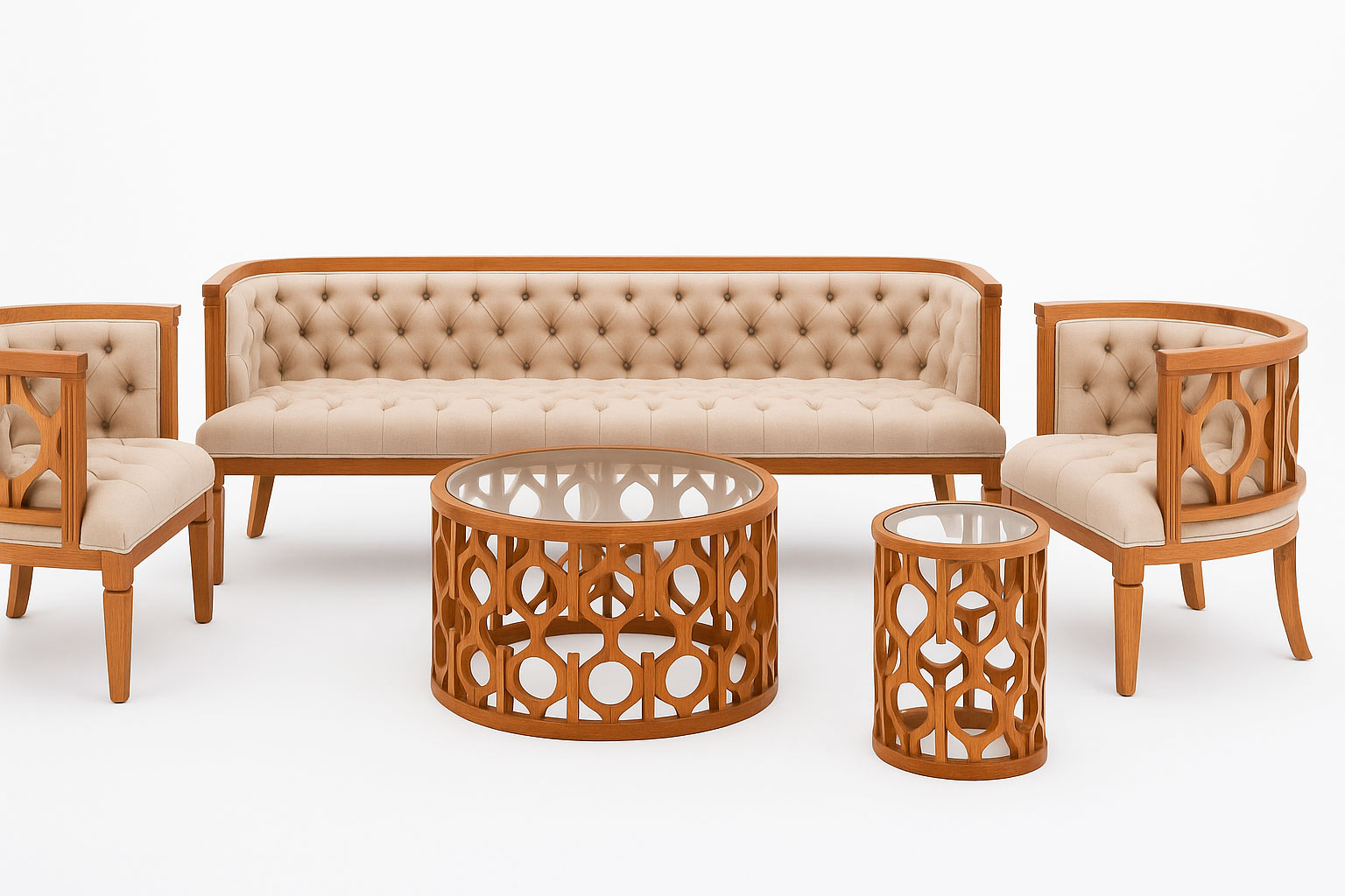 Luxury Tufted Wedding Sofa Set with Matching Carved Coffee Tables – Oak Wood Finish