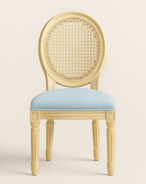 Front view of Kids Louis Chair with natural wood frame, rattan back, and pastel blue upholstered seat cushion for events and home décor