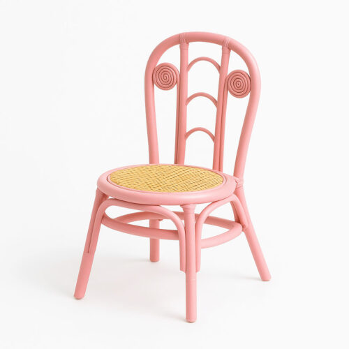 Kids Rattan Snail Chair with baby pink rattan frame and natural woven cane seat – lightweight and durable children’s furniture