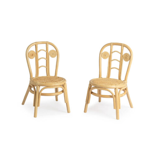 Two Kids Rattan Snail Chairs with natural woven cane seats, eco-friendly rattan frames, lightweight and durable children’s furniture