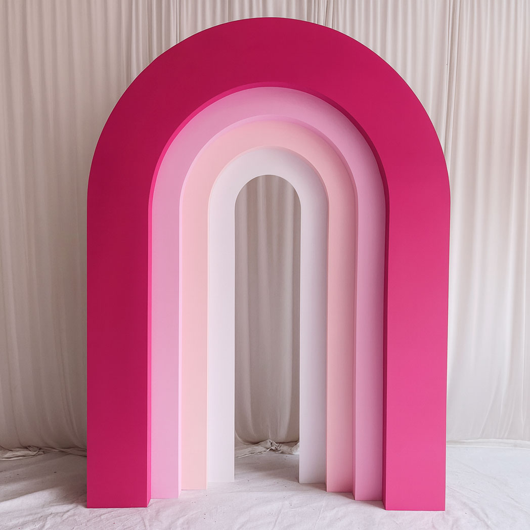 Gradient pink layered PVC backdrop arch with round top, customizable size and color for weddings, parties, and events