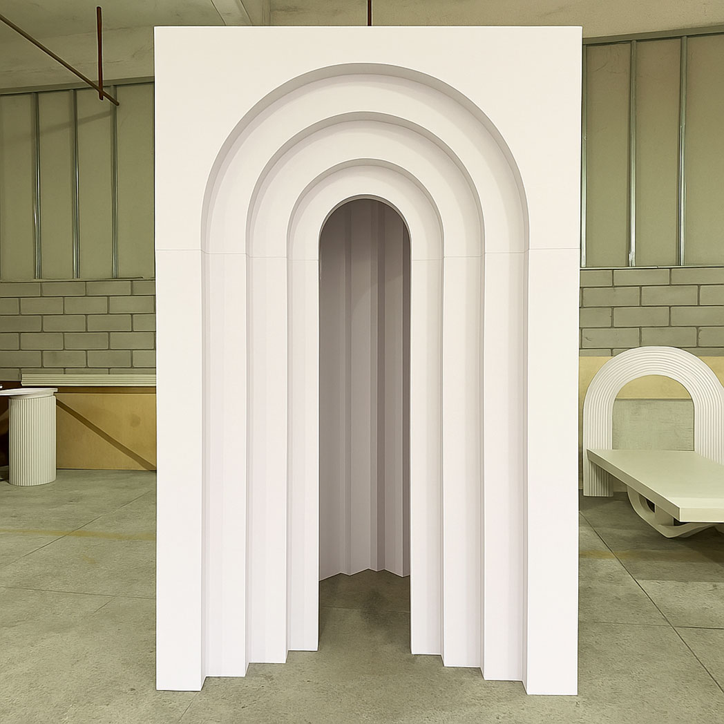 White PVC backdrop arch with square head and layered round interior, customizable size and color for weddings and events