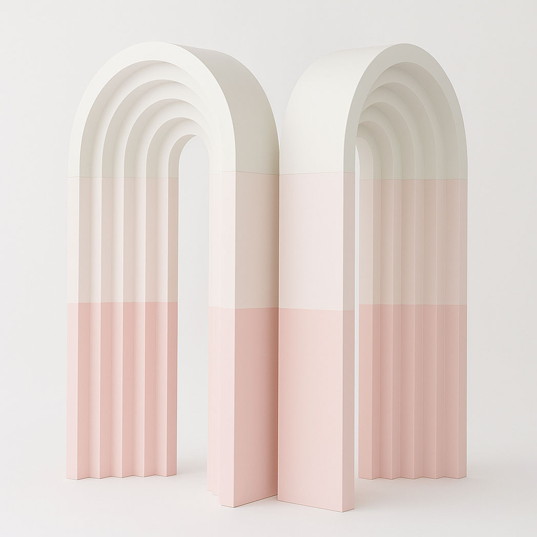 Two-tone white and pastel pink layered PVC backdrop arch for weddings and events, customizable size and color