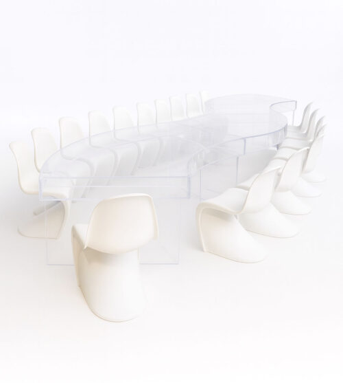 Kids Acrylic Dome Serpentine Table with transparent box top and legs, arranged with modern white chairs for kids’ parties and events