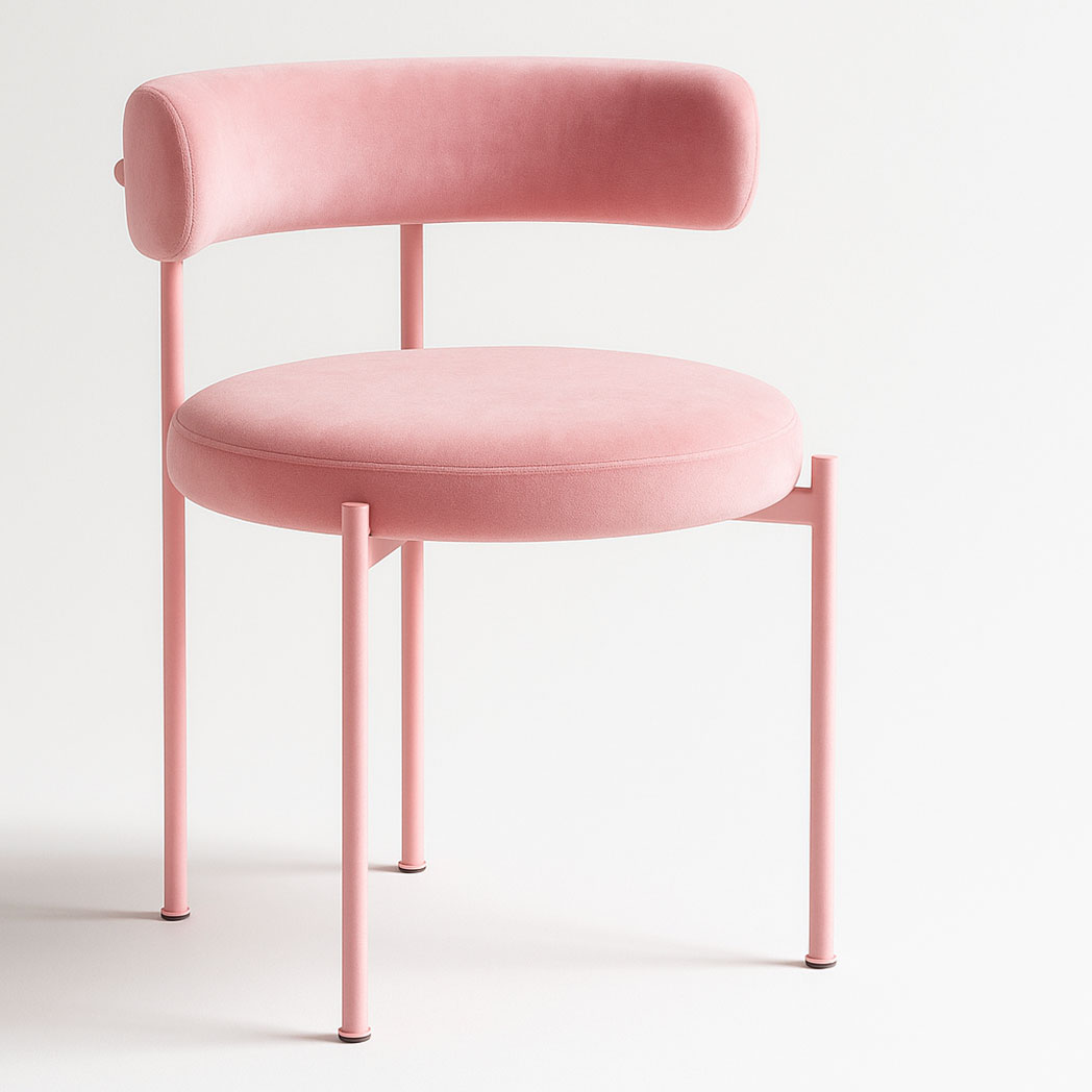 Modern pastel pink velvet dining chair with round seat, curved backrest, and sleek metal frame, perfect for weddings, restaurants, and event seating