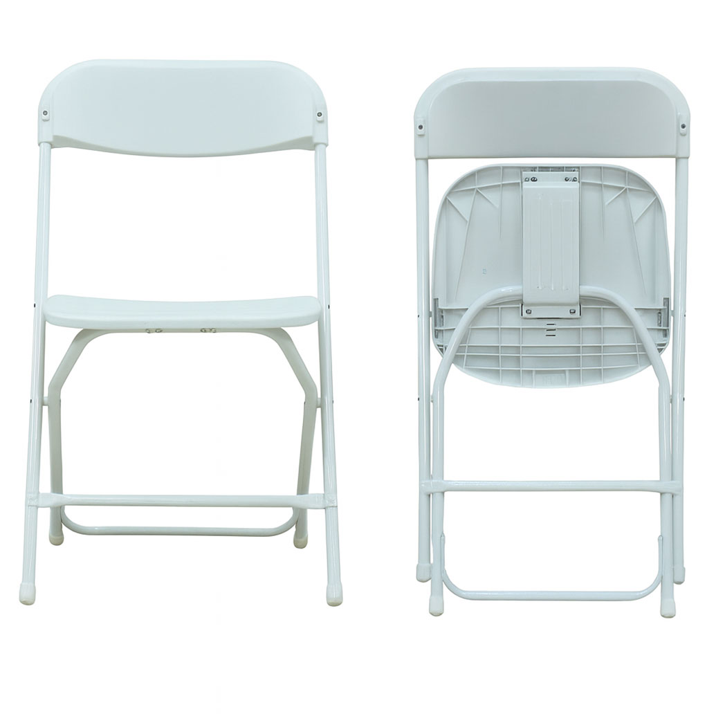 High quality white plastic folding chair with steel frame, shown from front and back view, lightweight and stackable seating for weddings, parties, and conferences