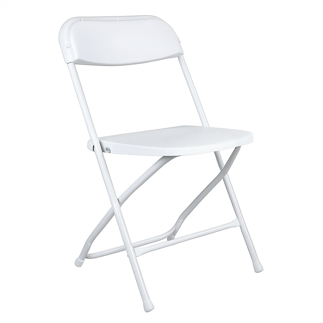 White plastic folding chair with metal frame, lightweight and stackable, ideal for weddings, parties, and conference seating