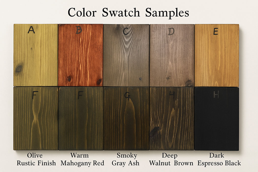 Eight wood stain color swatches for serpentine banquet table including olive rustic, mahogany red, smoky gray ash, walnut brown, golden pinewood, charcoal brown, antique oak, and espresso black