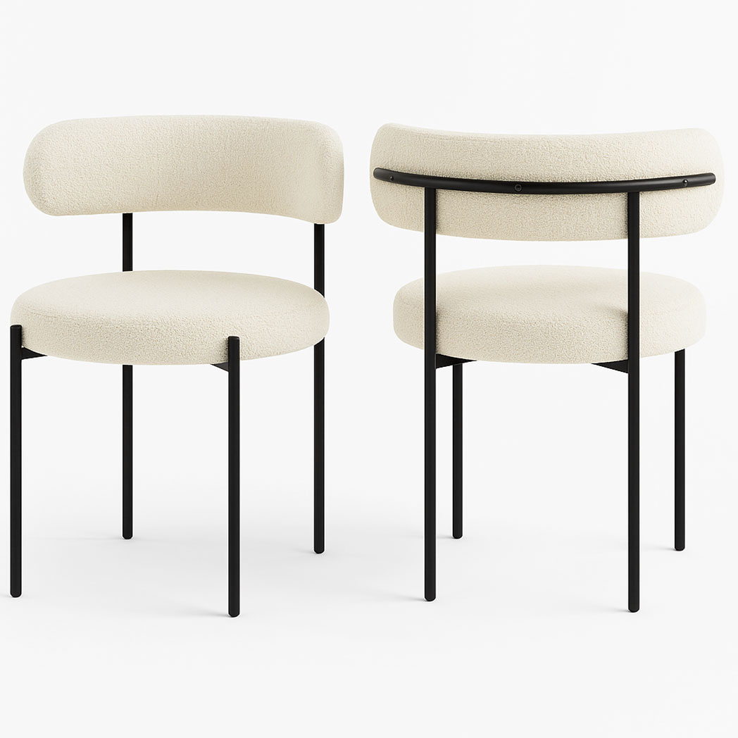 Modern dining chair with off-white bouclé fabric upholstery and black metal frame, shown in front and back view