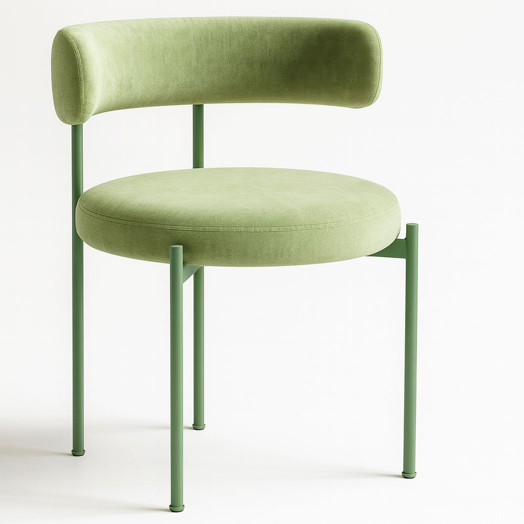 Aurora pastel green velvet dining chair with upholstered seat and curved backrest on metal frame