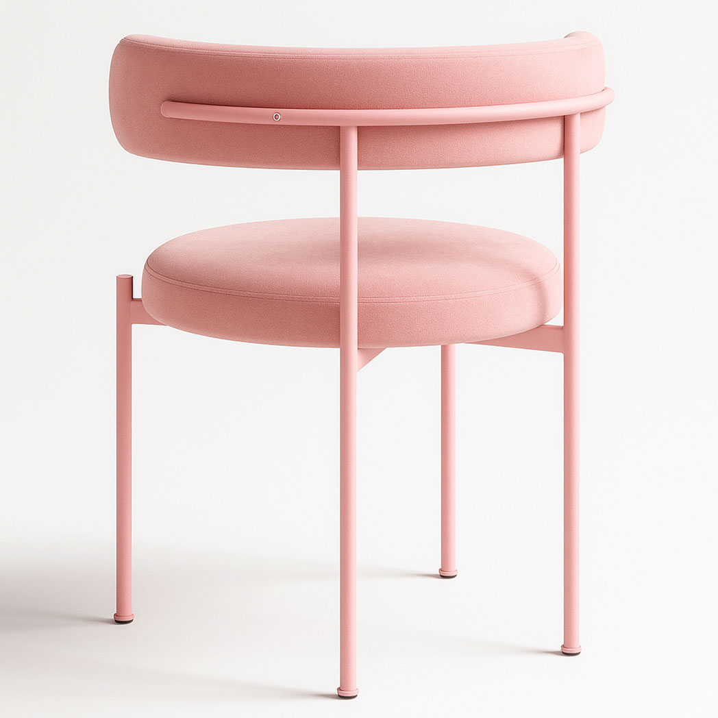 Back view of Aurora pastel pink velvet dining chair with curved upholstered backrest and slim frame