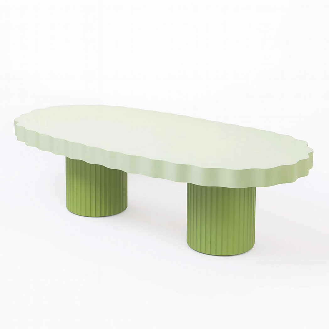 Pastel green kids party table with scallop edge and ribbed cylindrical legs
